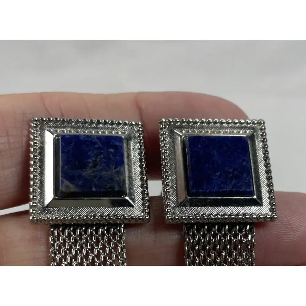 Vintage BLUE SODALITE Silver Wrap-Around Square Cufflinks, With Bonus Tie Bar!